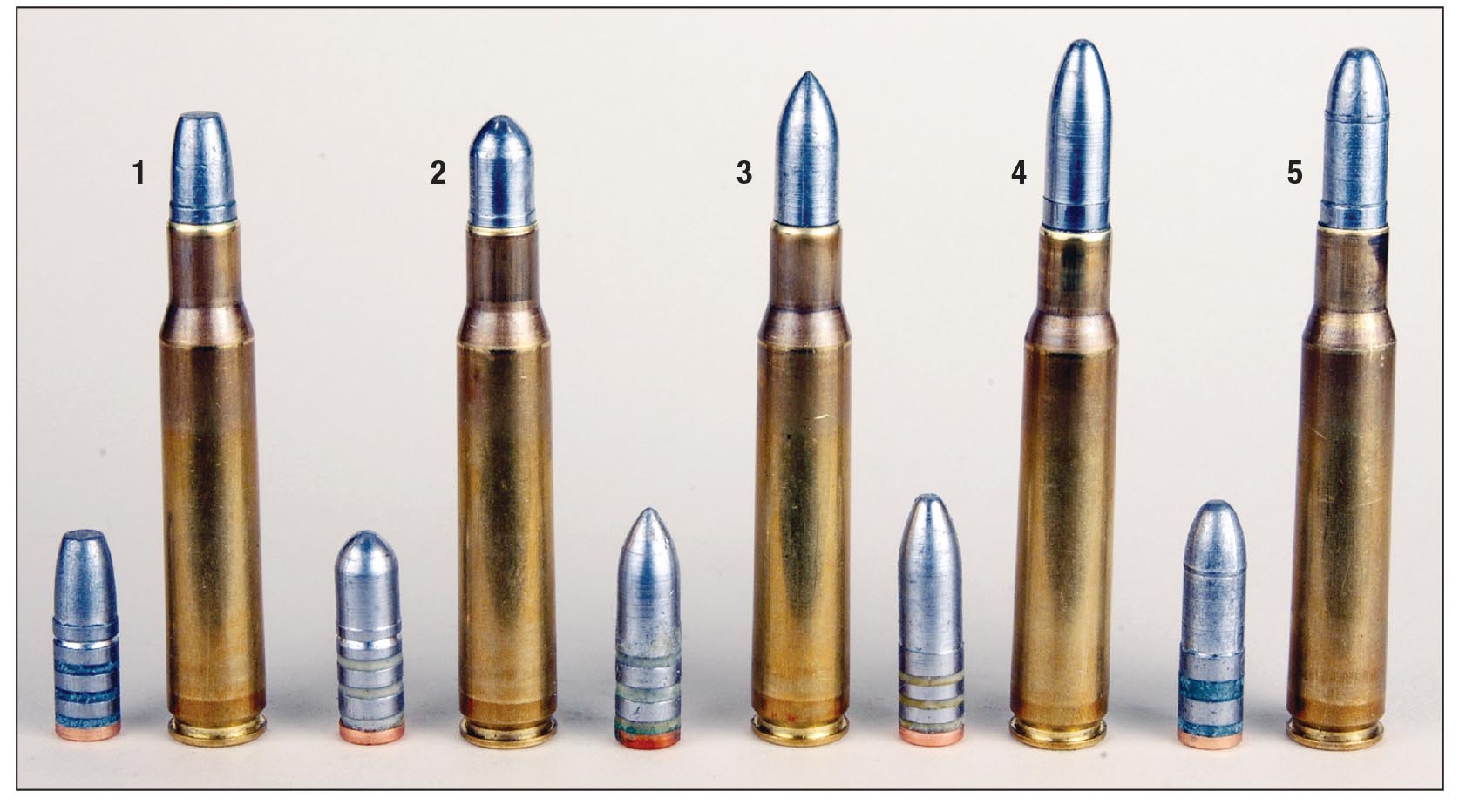The cast bullets and loaded .30-06 rounds used in most of Mike’s experimenting for ’03/’03A3 rifles include (1) Laser Cast 170-grain FN, (2) 170 Lyman 311291 RN, (3) 178 Lyman 311332 SPT, (4) 195 Lyman 311299 RN and a (5) Laser Cast 200-grain RN.